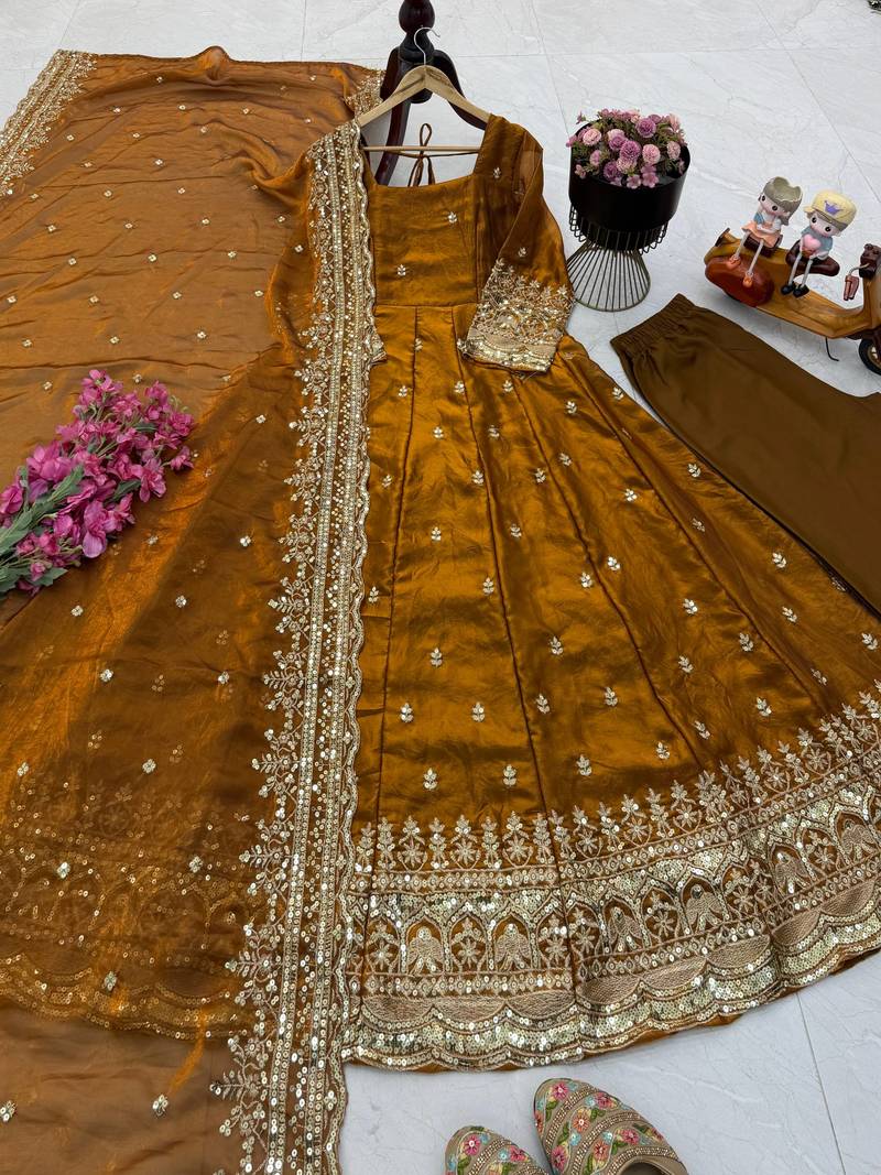 Brown fendy silk embroidered stitched kurta set