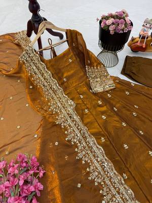 Brown fendy silk embroidered stitched kurta set 2