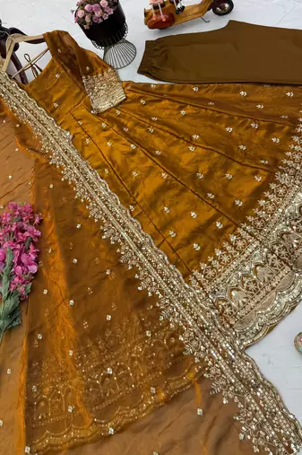 brown fendy silk embroidered stitched kurta set