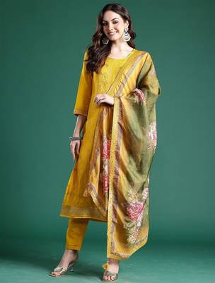 Woven Design Round Neck Straight Kurta With Trouser & Dupatta 1