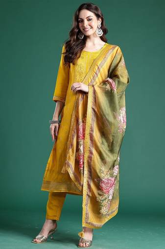 Woven Design Round Neck Straight Kurta With Trouser & Dupatta