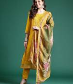 Woven Design Round Neck Straight Kurta With Trouser & Dupatta
