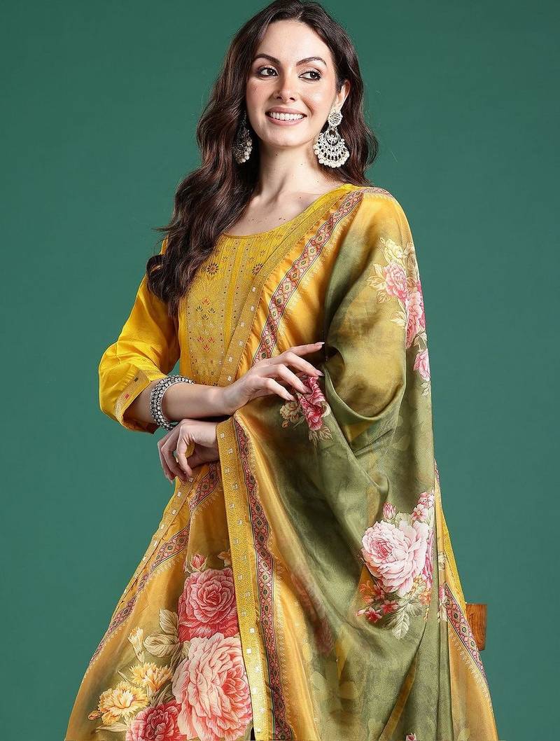Woven Design Round Neck Straight Kurta With Trouser & Dupatta