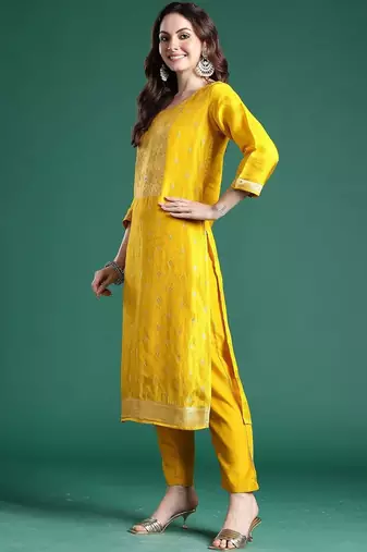Woven Design Round Neck Straight Kurta With Trouser & Dupatta