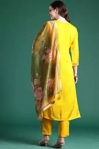 Woven Design Round Neck Straight Kurta With Trouser & Dupatta
