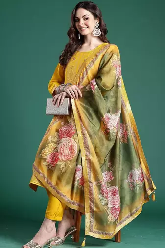 Woven Design Round Neck Straight Kurta With Trouser & Dupatta