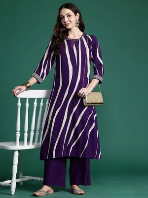 Printed Round Neck Straight Beads And Stones Kurta With Palazzos 1