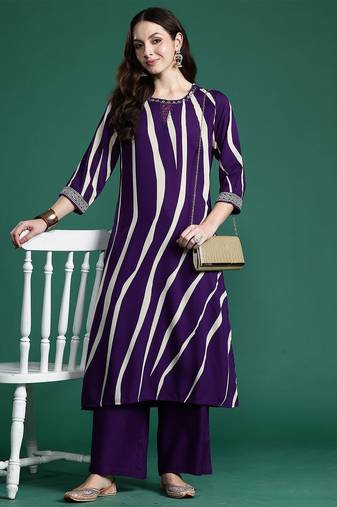 Printed Round Neck Straight Beads And Stones Kurta With Palazzos
