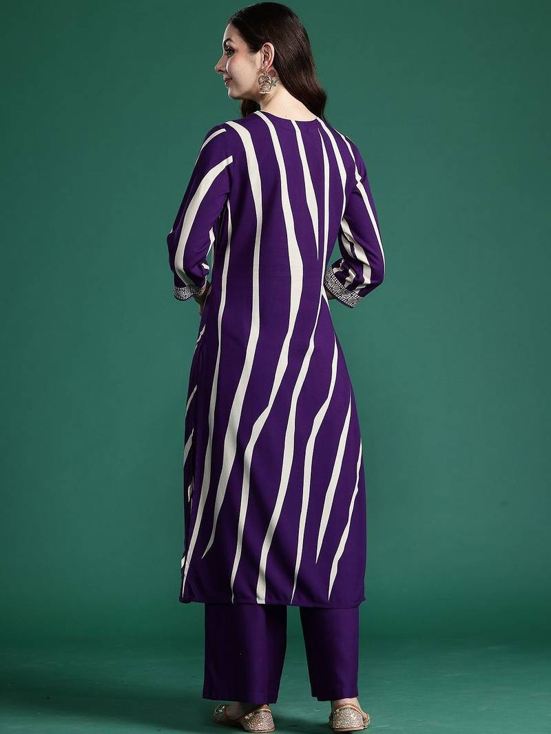 Printed Round Neck Straight Beads And Stones Kurta With Palazzos