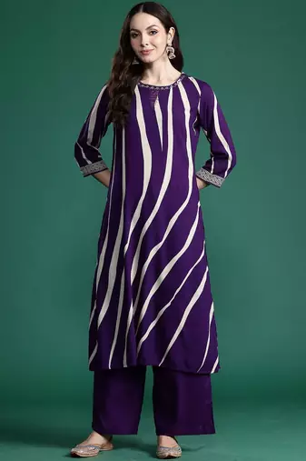 Printed Round Neck Straight Beads And Stones Kurta With Palazzos