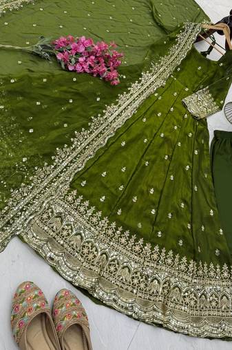 green fendy silk embroidered stitched kurta set