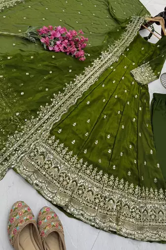 green fendy silk embroidered stitched kurta set