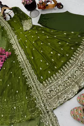 green fendy silk embroidered stitched kurta set