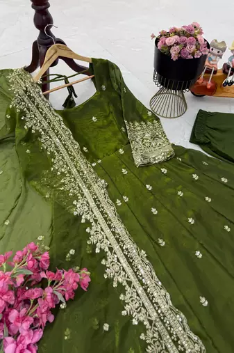 green fendy silk embroidered stitched kurta set
