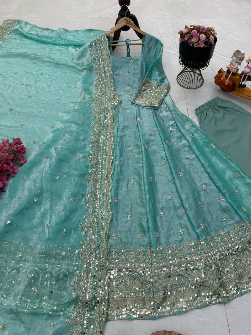 Aquva blue fendy silk embroidered stitched kurta set