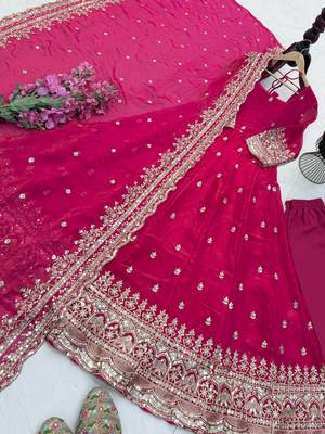 Pink fendy silk embroidered stitched kurta set 1