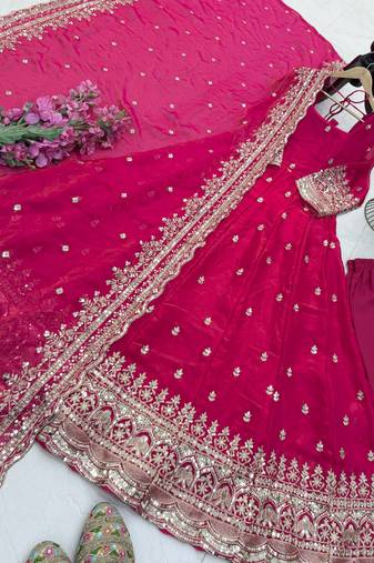 pink fendy silk embroidered stitched kurta set