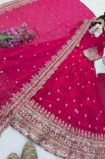 pink fendy silk embroidered stitched kurta set