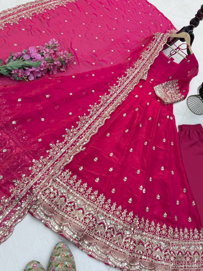 Pink fendy silk embroidered stitched kurta set