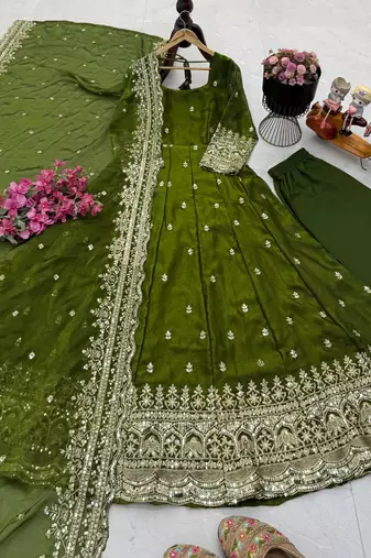 green fendy silk embroidered stitched kurta set