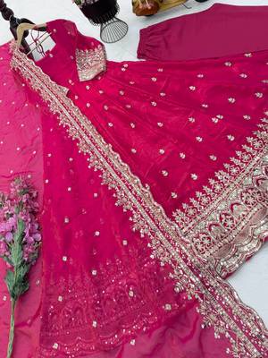 Pink fendy silk embroidered stitched kurta set 2