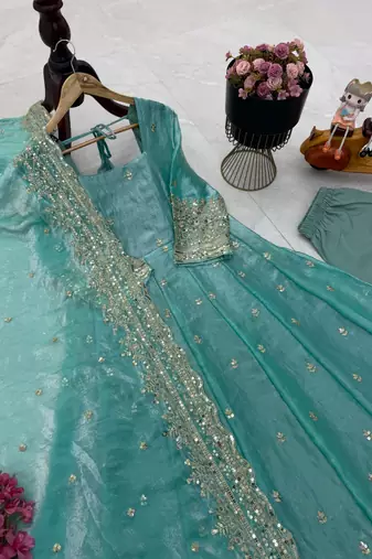 aquva blue fendy silk embroidered stitched kurta set