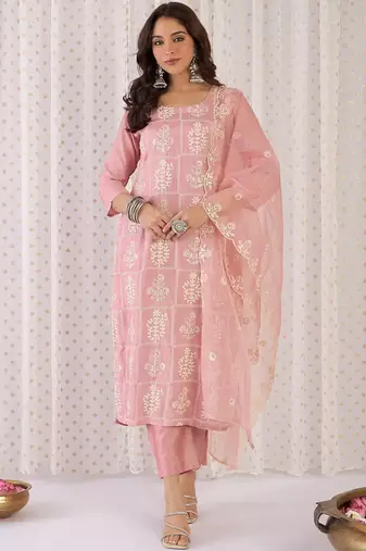 Ethnic Motifs Embroidered Regular Thread Work Kurta With Trouser And Dupatta