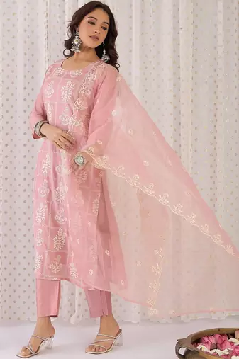 Ethnic Motifs Embroidered Regular Thread Work Kurta With Trouser And Dupatta