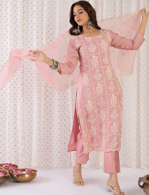 Ethnic Motifs Embroidered Regular Thread Work Kurta With Trouser And Dupatta 6