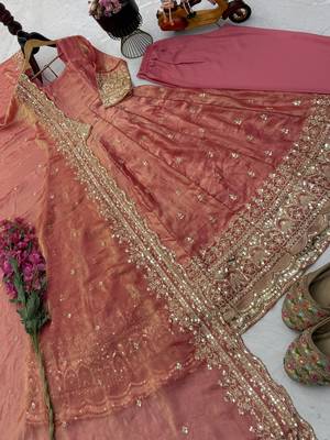 Onion pink fendy silk embroidered stitched kurta set 3
