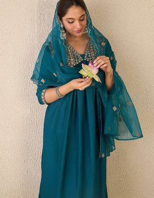Ethnic Motifs Embroidered Zari Empire A-Line Kurta With Trouser And Dupatta 1