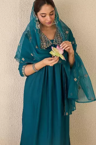 Ethnic Motifs Embroidered Zari Empire A-Line Kurta With Trouser And Dupatta