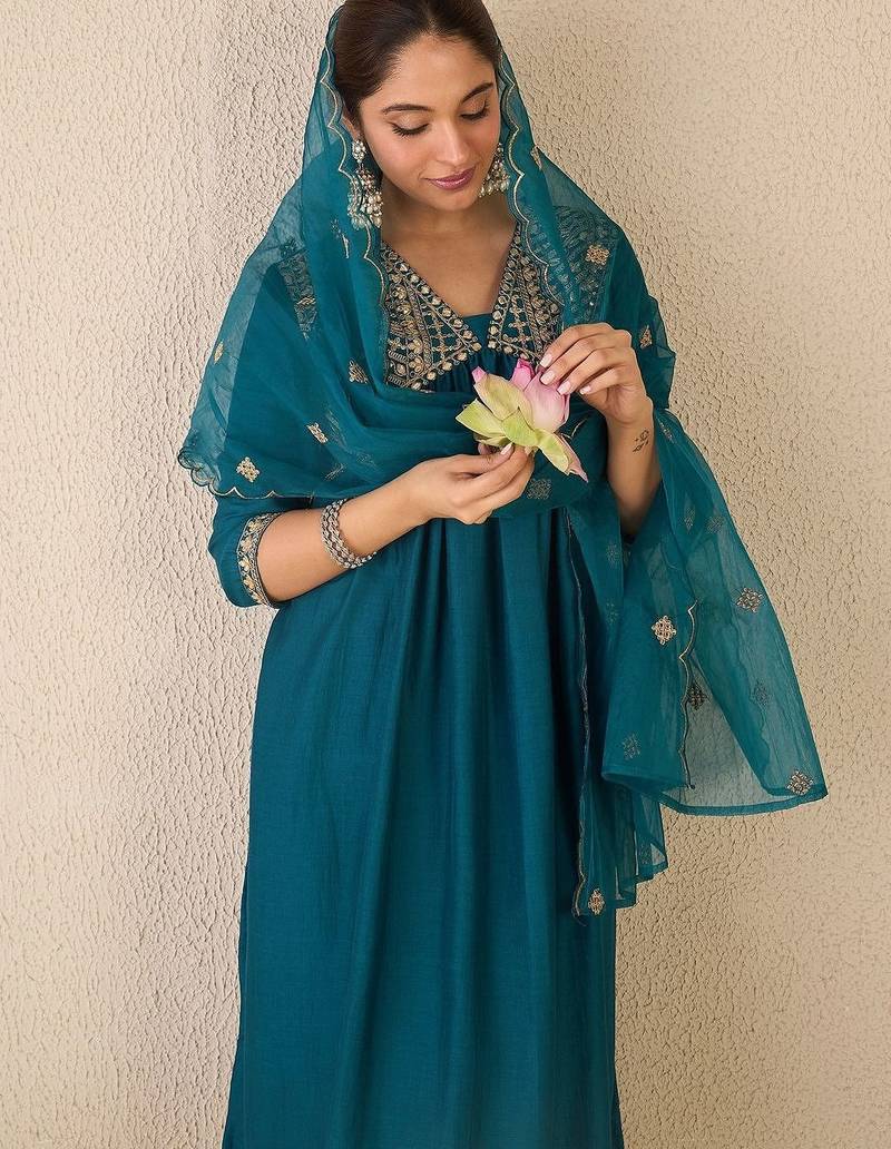 Ethnic Motifs Embroidered Zari Empire A-Line Kurta With Trouser And Dupatta