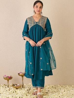 Ethnic Motifs Embroidered Zari Empire A-Line Kurta With Trouser And Dupatta 3