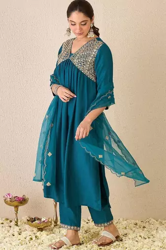 Ethnic Motifs Embroidered Zari Empire A-Line Kurta With Trouser And Dupatta