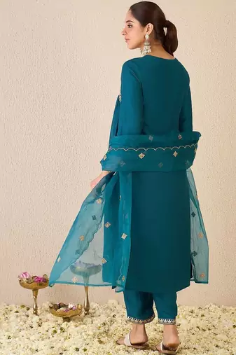 Ethnic Motifs Embroidered Zari Empire A-Line Kurta With Trouser And Dupatta