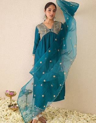 Ethnic Motifs Embroidered Zari Empire A-Line Kurta With Trouser And Dupatta 6