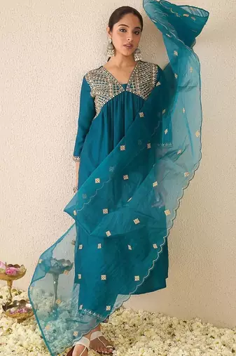Ethnic Motifs Embroidered Zari Empire A-Line Kurta With Trouser And Dupatta