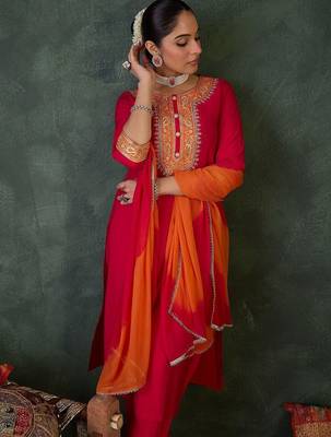 Ethnic Motifs Embroidered Straight Thread Work Kurta With Trouser & Dupatta 1