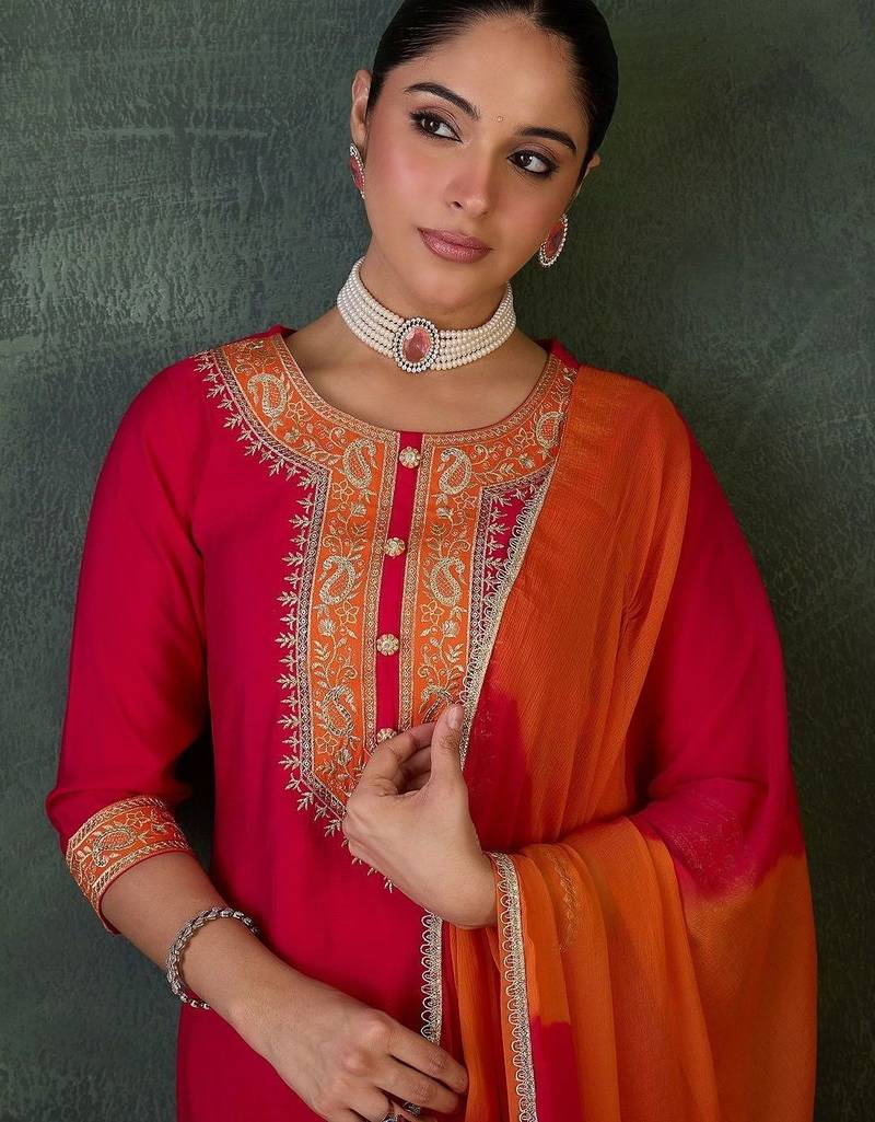 Ethnic Motifs Embroidered Straight Thread Work Kurta With Trouser & Dupatta