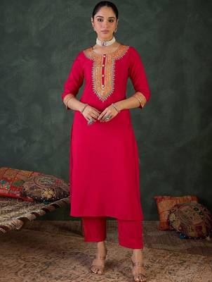 Ethnic Motifs Embroidered Straight Thread Work Kurta With Trouser & Dupatta 3