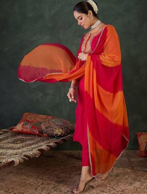 Ethnic Motifs Embroidered Straight Thread Work Kurta With Trouser & Dupatta 6