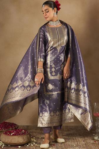 Women Ethnic Motifs Woven Design Kurta with Trousers & With Dupatta