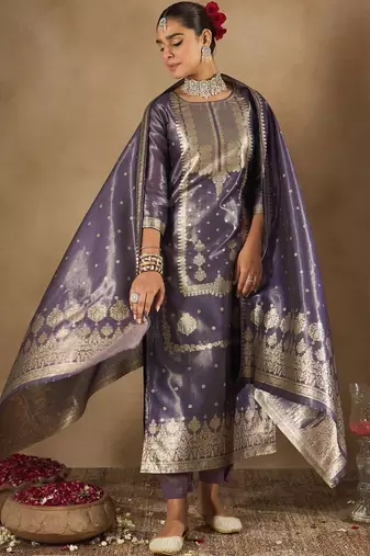 Women Ethnic Motifs Woven Design Kurta with Trousers & With Dupatta