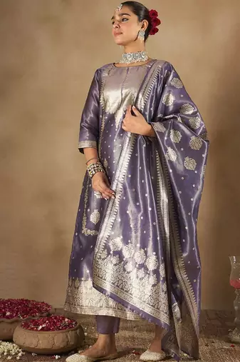 Women Ethnic Motifs Woven Design Kurta with Trousers & With Dupatta