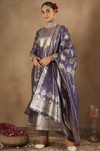 Women Ethnic Motifs Woven Design Kurta with Trousers & With Dupatta