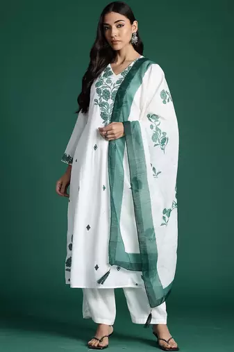 Women Floral Embroidered Regular Pure Cotton Kurta With Trousers & Dupatta
