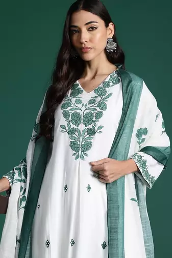 Women Floral Embroidered Regular Pure Cotton Kurta With Trousers & Dupatta