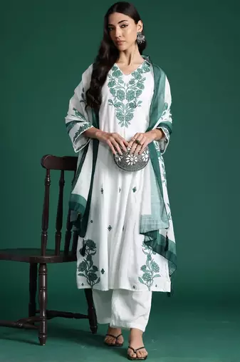 Women Floral Embroidered Regular Pure Cotton Kurta With Trousers & Dupatta