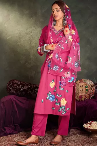 Women Floral Printed Cotton A-Line Kurta with Trousers & Dupatta